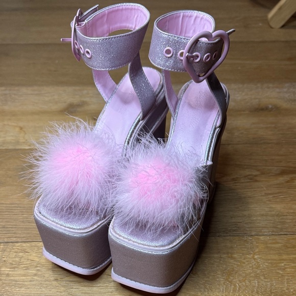 Dolls Kill Shoes - Dolls Kill Pink Fluffy Heart Platform Sandals